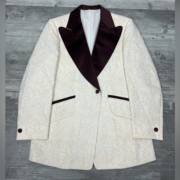 VTG 1970’s Brown, Cream & White Paisley Tuxedo Jacket 42R - Picture 1 of 5